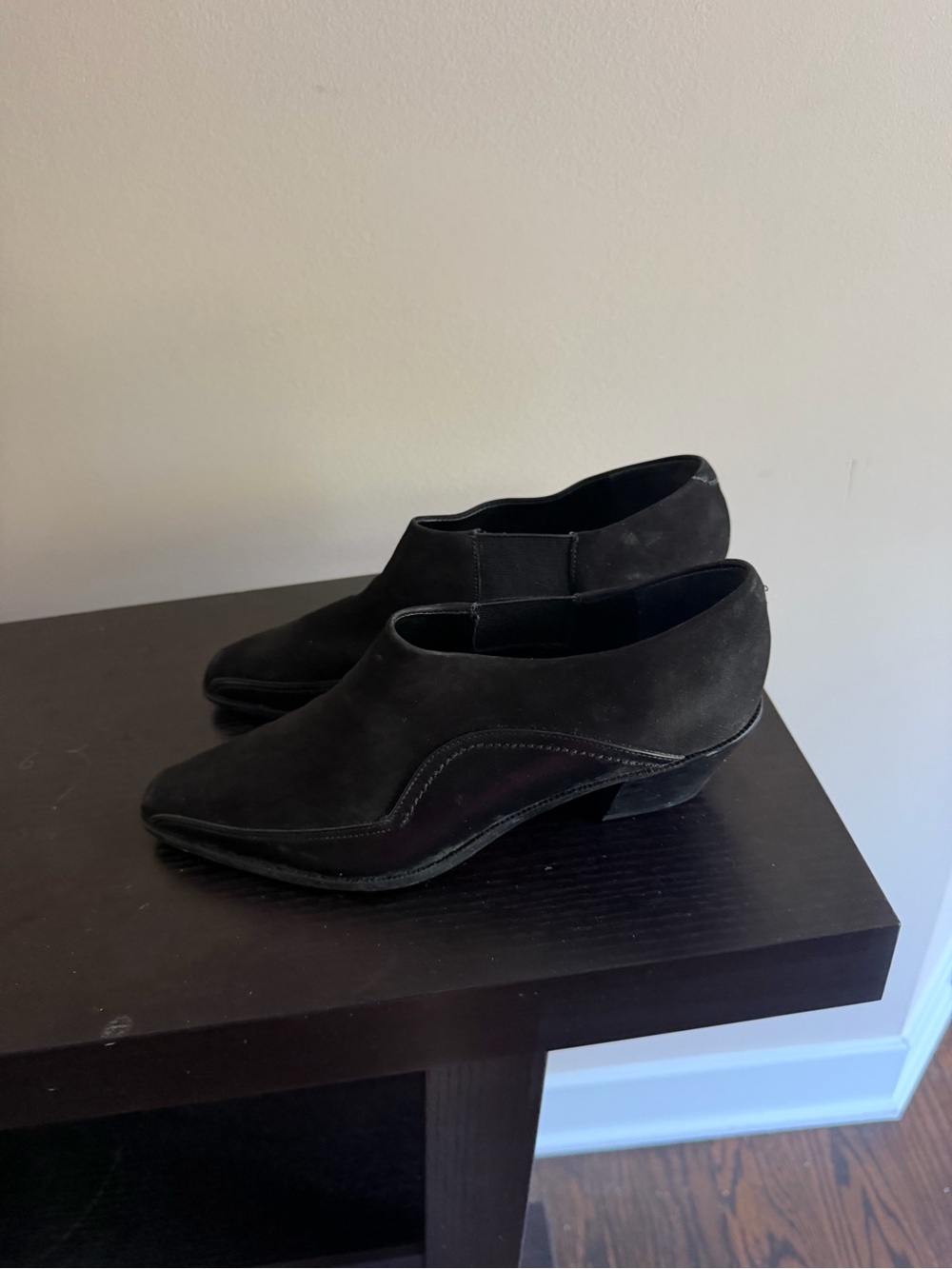 Amanda Smith Black Low Heel Slip-On Suede and leather ankle boots